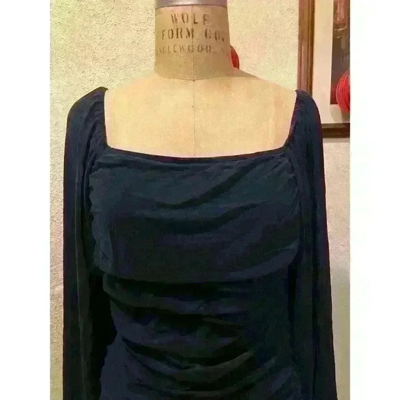 Fashion Square Neck Long Sleeve Ruched Bodycon Dress Blue Size XL - Picture 2 of 12